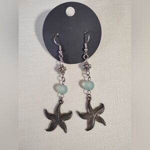 3" Dangle Starfish Earrings Seafoam glass & Bejeweled Beach Mermaid Glamour
